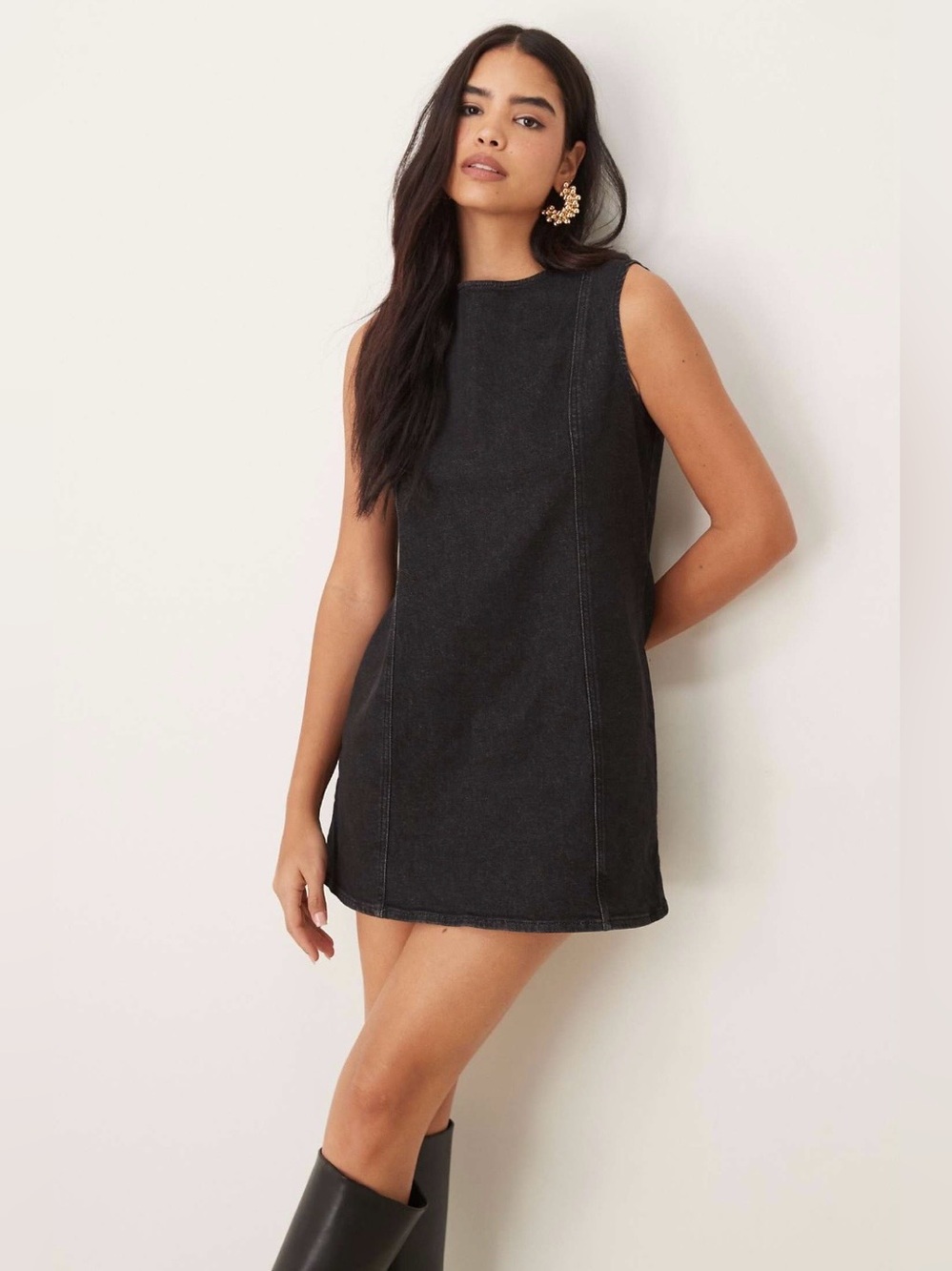 ASOS DESIGN Denim Seamed Mini Dress in Washed Black